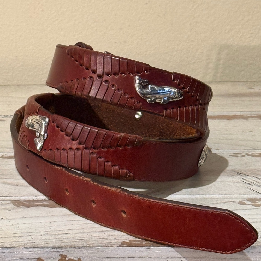 Brighton Fly Fishing Theme Woven Brown Leather Silver Belt 94207 Men's Size 36 - Picture 2 of 13